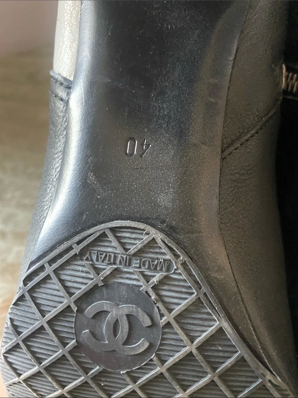 CHANEL Black Leather Ankle Boots with Cream Block Heel